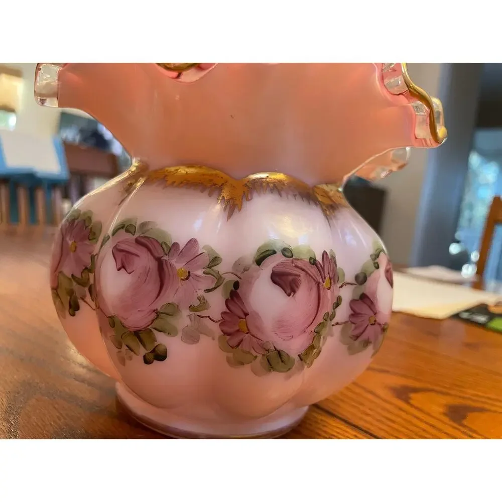 Fenton Melon Ball Charleston Pink Roses Vase Crimped Ruffle Edged Vintage